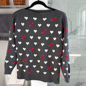 LOFT Charcoal Boatneck Sweater with Red & White Heart Pattern